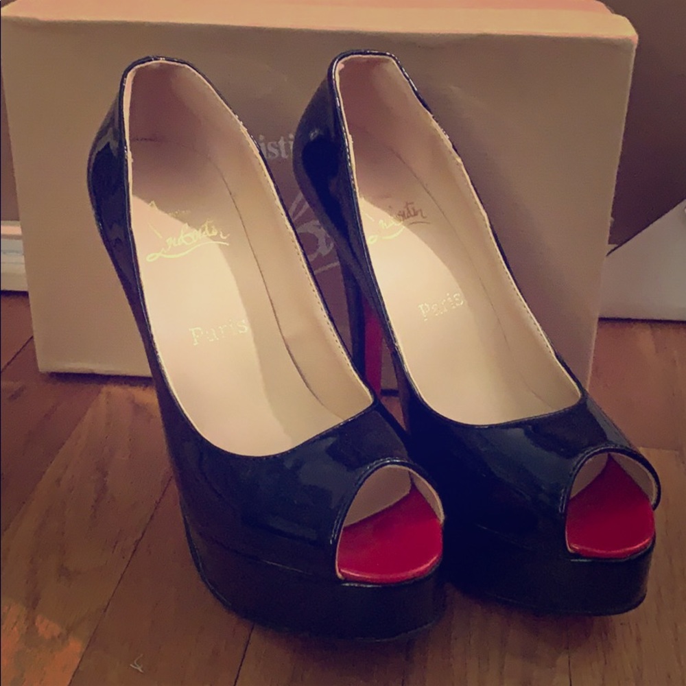 Inspired shoes black patent leather peep toe